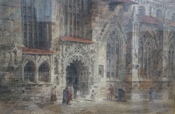 Wyke Bayliss (1835-1906), mixed media and oil, Cathedral exterior, signed, 58 x 88cm, ornate gilt frame. Condition - good